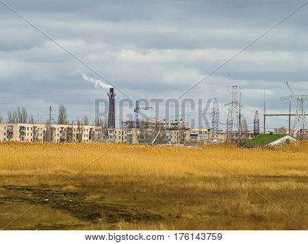 Reeds and the city with a smoking pipe