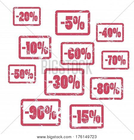 Minus percents red vector stamps. Sale or discount percent stamp icons set. Red rubber stamps vector illustration on white. Vintage rough texture with discount percent for price tags and shop labels