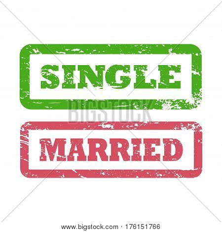 Single and Married inscriptions in rectangle frame. Rubber stamp with distressed texture. Vintage vector icon. Marital status stamp for social media profile stereotype concept sticker t-shirt print