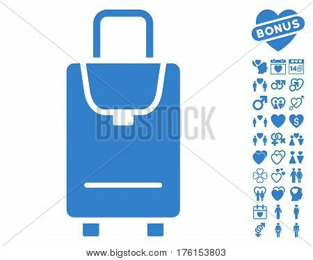 Carryon icon with bonus lovely pictograph collection. Vector illustration style is flat iconic cobalt symbols on white background.