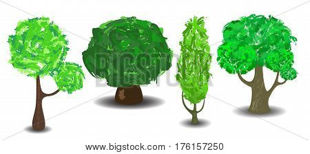 Green tree with brush textured crown. Vector tree clipart on white background. Comic trees with shadow isolated. Summer green trees. Forest elements clip art. Botanical icons. Nature banner template