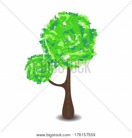 Green tree with brush textured crown vector illustration on white background. Handdrawn tree with summer foliage and shadow. Tall tree with round crown. nursery style forest clipart. Spring nature