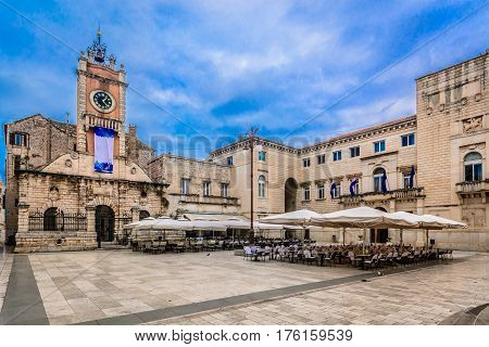 Scenic view at main square in marble town Zadar, popular touristic destination in Croatia, Europe.