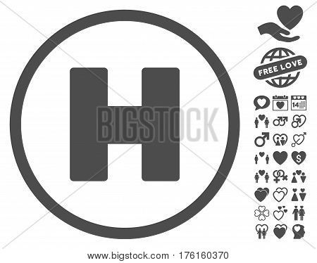 Helicopter Landing pictograph with bonus love design elements. Vector illustration style is flat iconic gray symbols on white background.
