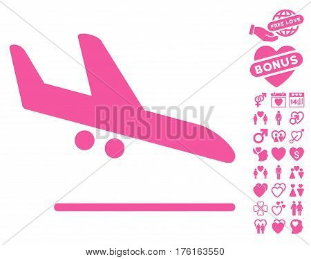 Aiplane Landing icon with bonus valentine icon set. Vector illustration style is flat iconic pink symbols on white background.