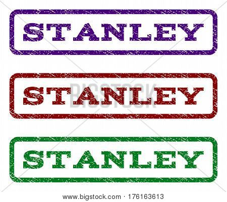 Stanley watermark stamp. Text tag inside rounded rectangle with grunge design style. Vector variants are indigo blue, red, green ink colors. Rubber seal stamp with dust texture.