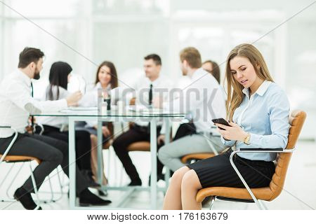 leading lawyer of the company on background, business meeting business partners. the photo has a empty space for your text.
