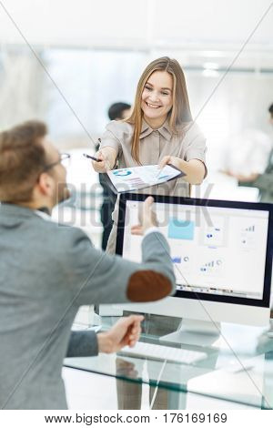 specialist of Finance and Manager of the company working with financial charts in the company's profit.the photo has a empty space for your text.