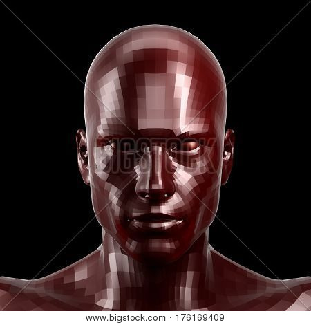 3D rendering. Faceted red robot face with red eyes looking front on camera.. Isolated on black background