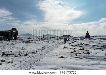 Archaeological Site of Ani Ruins on UNESCO World Heritage List. Kars Turkey ,February 2017.