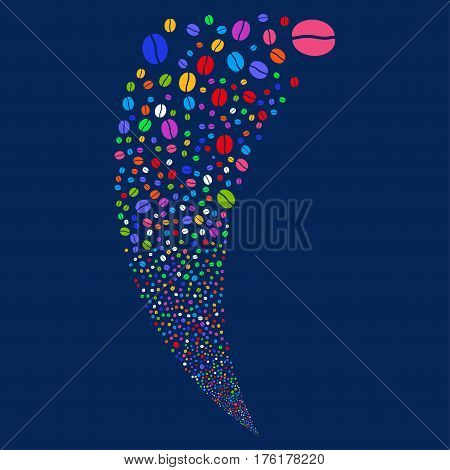 Coffee Bean random fireworks stream. Vector illustration style is flat bright multicolored iconic symbols on a blue background. Object fountain made from scattered icons.