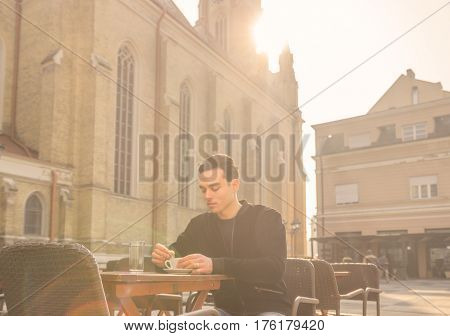 Young Man Outdoors, Cafe Coffee Cup, Cathedral Architecture Sunny Sun