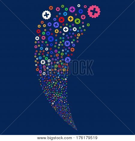 Create random fireworks stream. Vector illustration style is flat bright multicolored iconic symbols on a blue background. Object fountain organized from scattered symbols.
