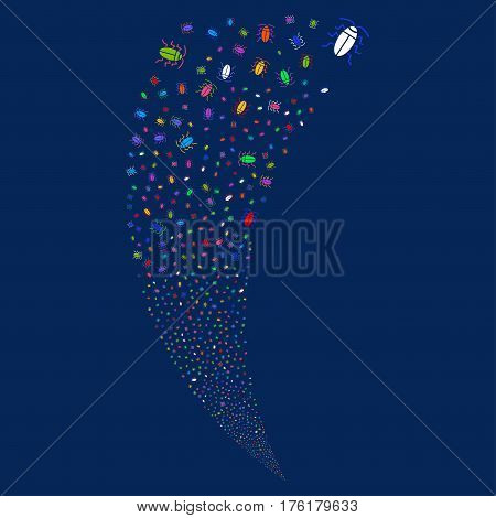 Cucaracha random fireworks stream. Vector illustration style is flat bright multicolored iconic symbols on a blue background. Object fountain made from scattered pictograms.