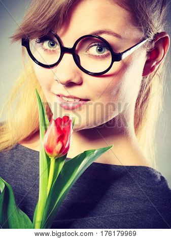 Beauty Woman With Tulip Flower.