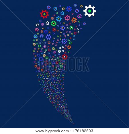 Gear random fireworks stream. Vector illustration style is flat bright multicolored iconic symbols on a blue background. Object fountain combined from scattered pictographs.
