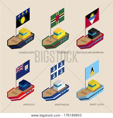 Isometric Ships With Flags: Guadeloupe, Dominica, Antigua, Martinique, Anguilla