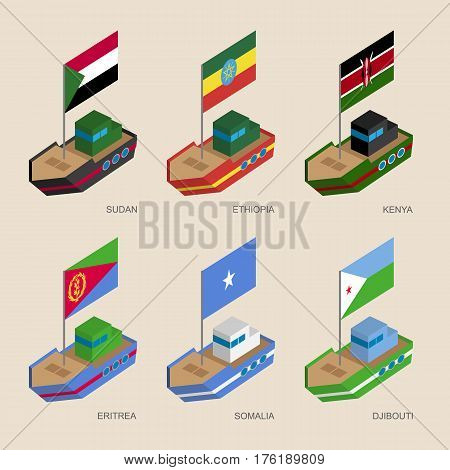 Set Of Isometric Ships With Flags Of African Countries