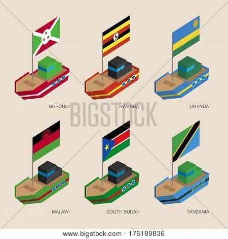 Set Of Isometric Ships With Flags Of African Countries.