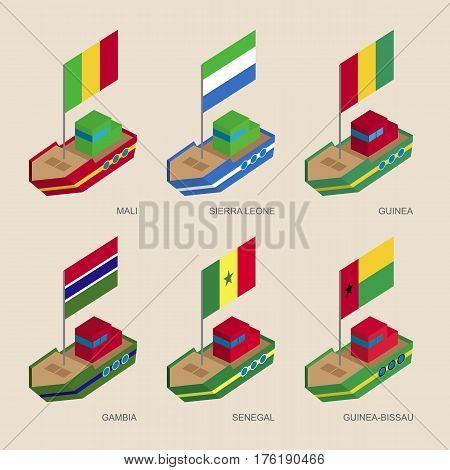 Set Of Isometric Ships With Flags Of African Countries