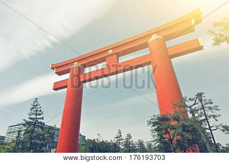  Red otorii of Heian Jingu Shrine under the blue sky in Kyoto Japan.