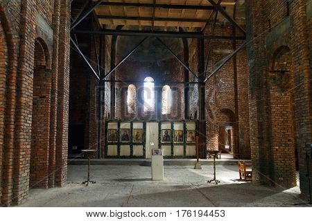 Signagi Georgia - Sent 16 2016: Inside of St.Nino's church under construction in Monastery of St. Nino at Bodbe. Cathedral was constructed in IV century on the tomb of St. Nino. Sighnaghi. Kakheti region. Georgia.