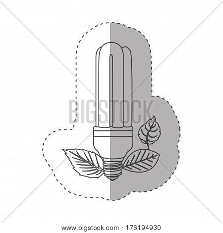 sticker with grayscale contour with fluorescent bulb and leaves vector illustration