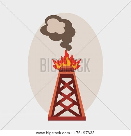 Oil industry burning production station extracting cartoon icon energy processing platform petroleum drilling technology factory design vector illustration. Pollution environmental pipe derrick.