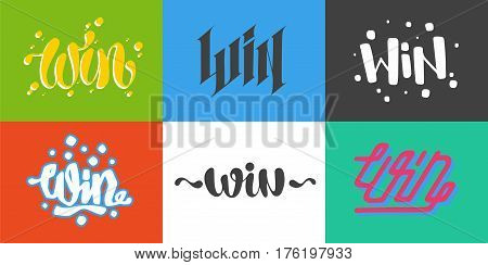 Win text sign test success message contest promotion banner competition and award lucky lottery word modern reward gamble champion vector illustration. Decoration label entry chance element.