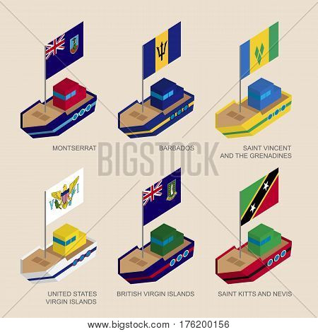 Set Of Isometric Ships With Flags Of Caribbean Countries