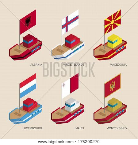 Set Of Isometric Ships With Flags Of Central Europe