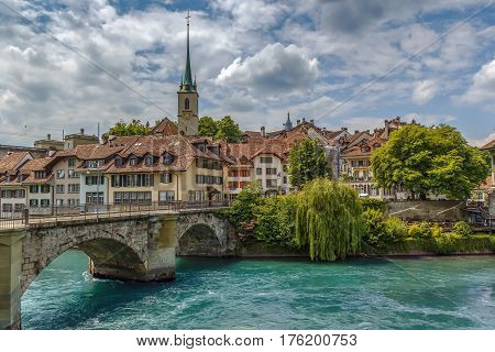 view of Bern old town and bridge over the Aare river Switzerland