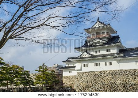 TOYAMA JAPAN - FEB 13, 2017: Toyama castle with snow in Toyama city, Japan