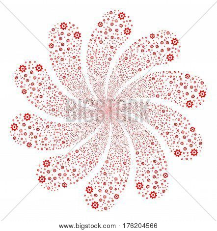 Gear fireworks swirl flower with ten petals. Vector illustration style is flat red scattered symbols. Object whirl constructed from random design elements.