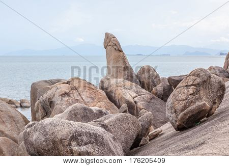 Landscape of Hinta Hinya (grandfather and grandmother rocks) the stone landmark natural creation in southern of Thailand.