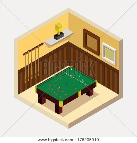 Vector isometric billiard room icon. Room includes snooker table, cues, balls, shelter, champion cup in isometric style. 3d billiard table. Billiard table with balls and cues.