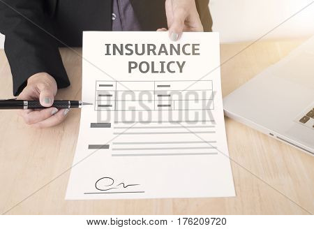 business salesman agent showing protection policyholder must to sign. concept accident prevention healthcare insurance.