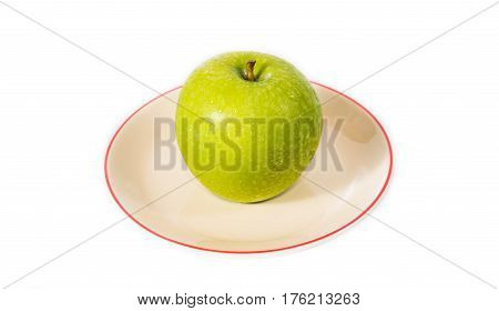 Green Apple With Water Droplets With A Plate Isolate On White