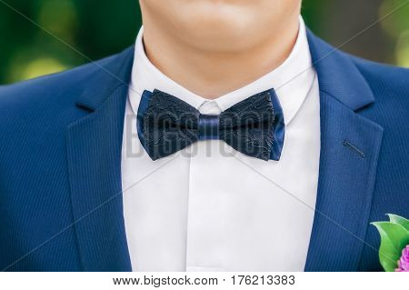 Black-and-blue bow-tie on grooms neck, who is wearing in stylish blue jacket