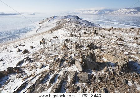 Stone Pyramids For Spirits. Ogoi Island. Baikal Lake