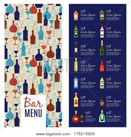 Bar menu template. Alcohol menu booklet flyer template with bottles pattern, vector illustration