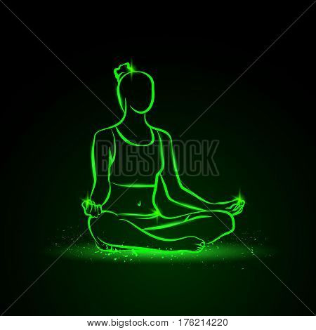 Neon vector illustration of a woman practices yoga.