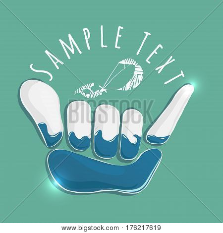 vector logo illustration. Shaka and kite symbol. Summer water sport game emblem. Sportsclub or championship symbol.