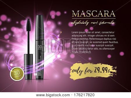 Luxury mascara ads, black and purple package with eyelash applicator brush with mascaras stroke on VIP shine glitter background. Vector 3d realistic illustratrion.