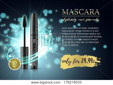 Luxury mascara ads, black and blue package with eyelash applicator brush with mascaras stroke on VIP shine glitter background. Vector 3d realistic illustratrion.