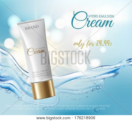 Design cosmetics product advertising. Makeup skin hydro emulsion cream tube white and gold color on water background with drops and wave. 3D illustration.Vector illustration EPS10