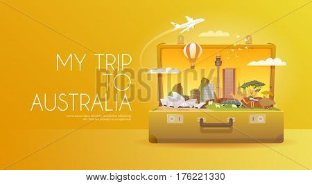 Travel to Australia. Road trip. Tourism. Open suitcase with landmarks. Horizontal advertising web banner. Modern flat design.