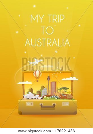 Travel to Australia. Road trip. Tourism. Open suitcase with landmarks. Vertical advertising web banner. Modern flat design.