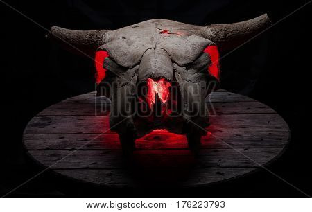 Cow/bull skull on a old grey wooden table, with inner red glow.