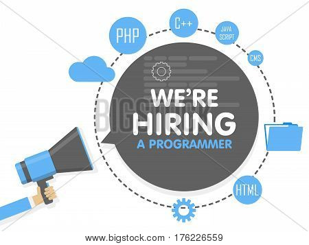 We Hire A Programmer. Megaphone Concept Vector Illustration. Banner Template, Ads, Search For Employ